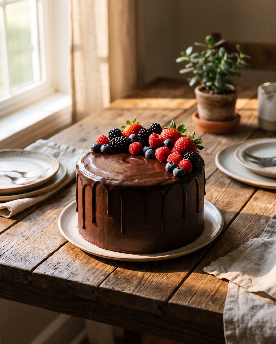 Chocolate drip cake with ganache and fresh berries by Kalabar Cakes