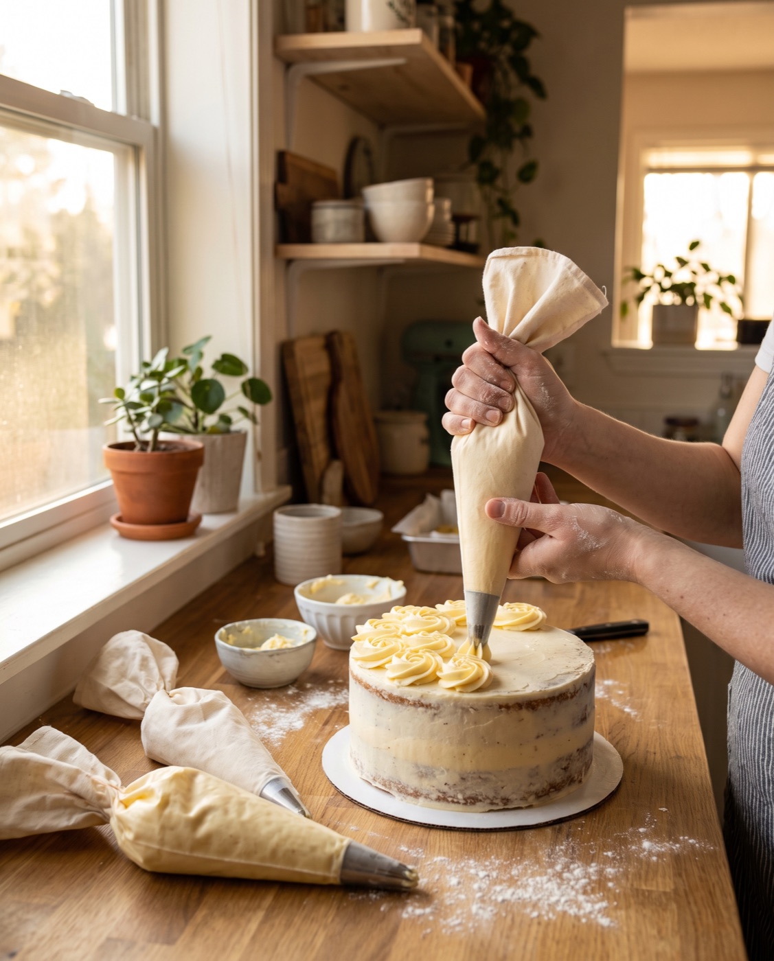 The headless baker of Kalabar Cakes finishing a cake by hand in a Houston home kitchen